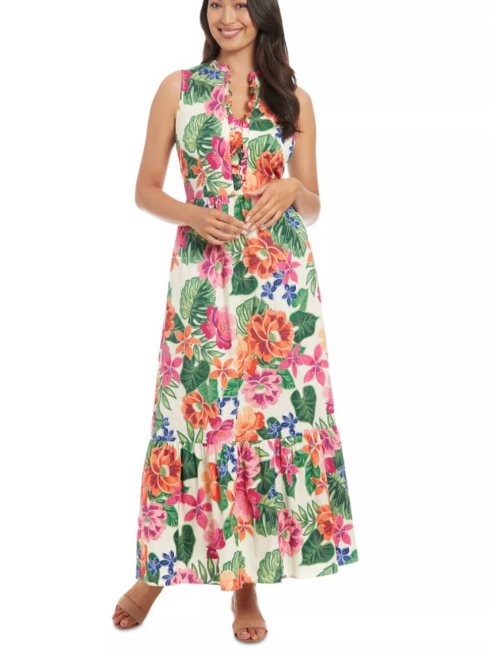 LONDON TIMES Sleeveless Mock Neck Floral Print Maxi Dress | Size 4 | Ruffle NEW